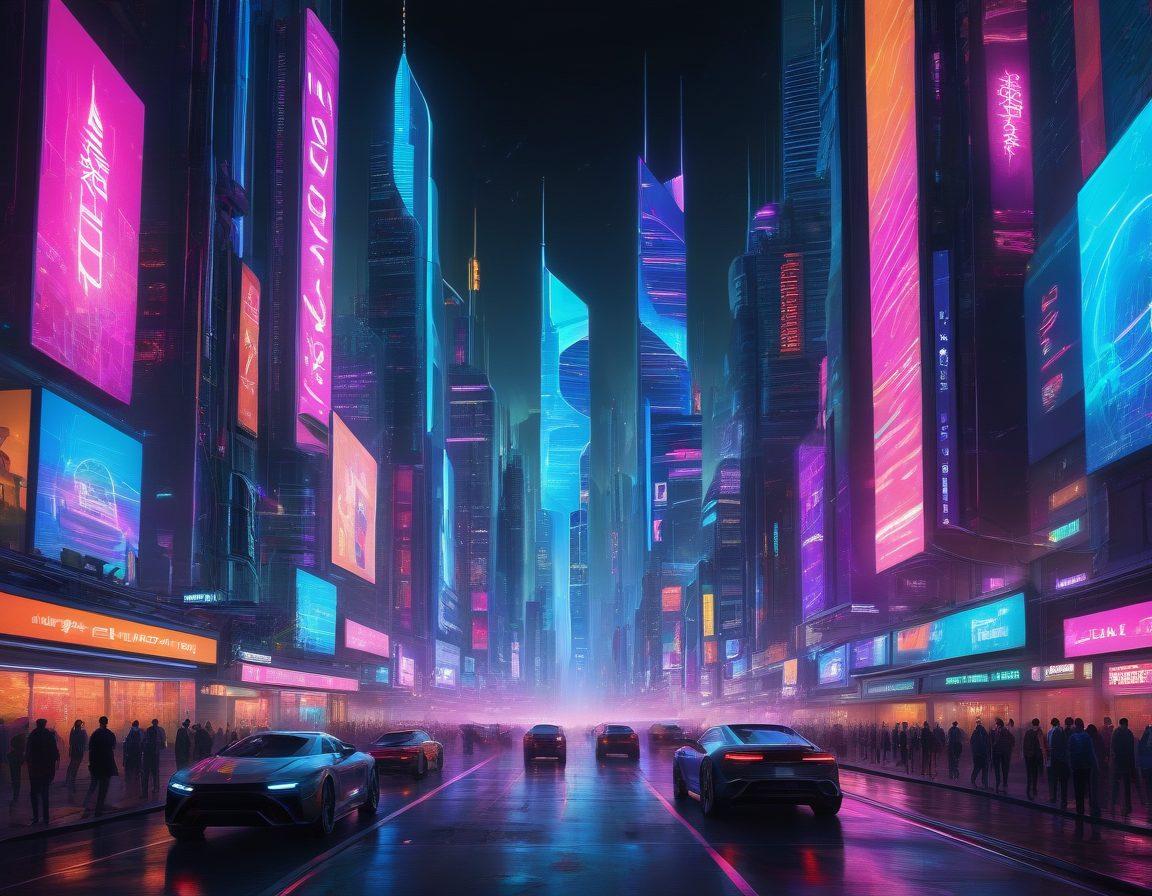 A futuristic city skyline with advanced digital technology integrated into everyday life, featuring holographic advertisements and autonomous vehicles. A diverse group of people engaged with innovative gadgets like augmented reality glasses and drones. A backdrop showcasing vibrant neon colors and swirling digital data streams, symbolizing digital evolution. super-realistic. vibrant colors. cyberpunk.