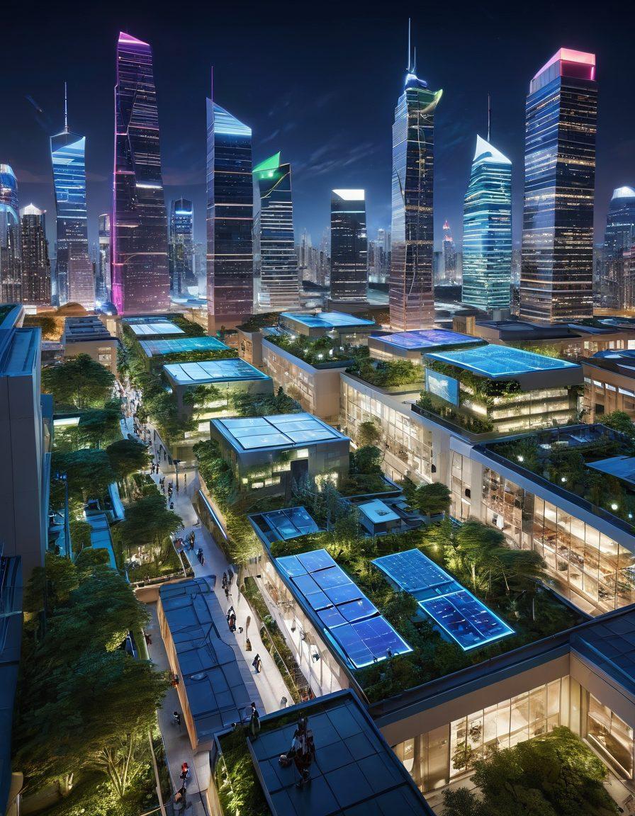 A futuristic landscape showcasing advanced technologies like holographic displays, drones, and AI interfaces intertwined with nature. Include diverse people interacting with tech devices in an urban environment. The skyline features innovative skyscrapers with green roofs and solar panels. Bright neon colors illuminate the scene, creating a vibrant and dynamic atmosphere. 3D. vibrant colors.