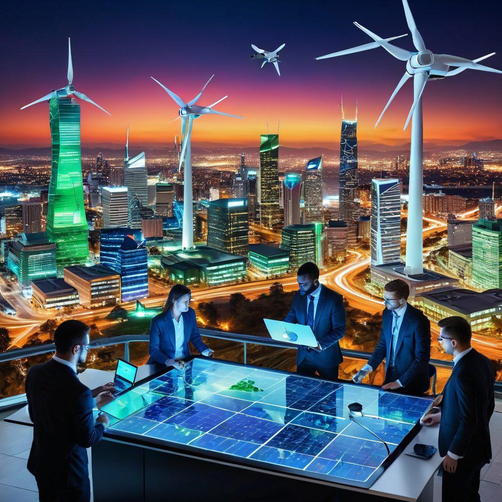 A dynamic representation of emerging technologies, showcasing a diverse group of professionals collaborating around futuristic gadgets like holographic displays and drones. The background features a cityscape with green energy solutions and digital networks, symbolizing innovation and sustainability. Elements of AI, robotics, and virtual reality are interwoven, creating a sense of movement and progress. super-realistic. vibrant colors. 3D.